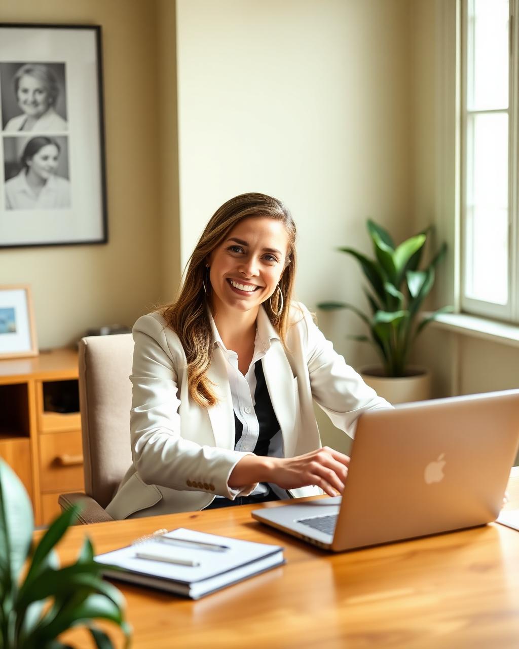 A marketing consultant working at a sunlit desk in the studio