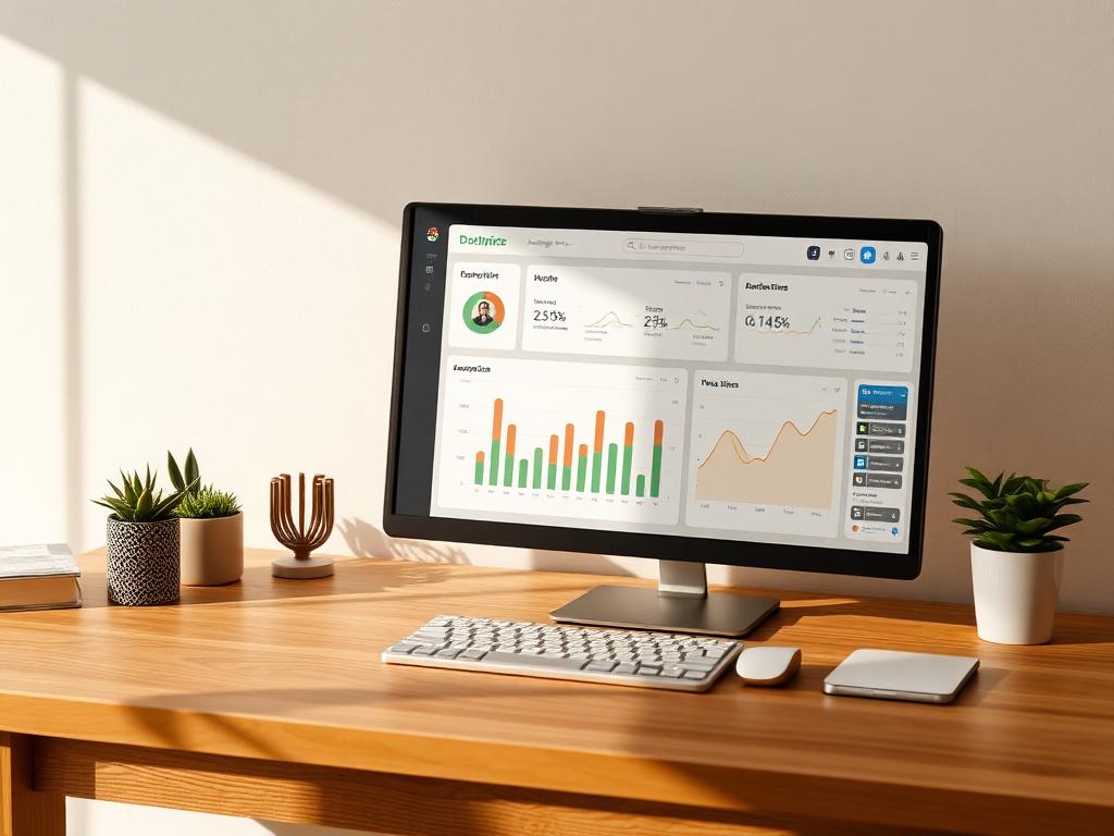 Marketing analytics dashboard on a monitor at a sunlit wooden desk